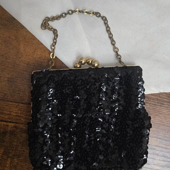 Accessories - Vintage black sequin small clutch purse with gold accents!